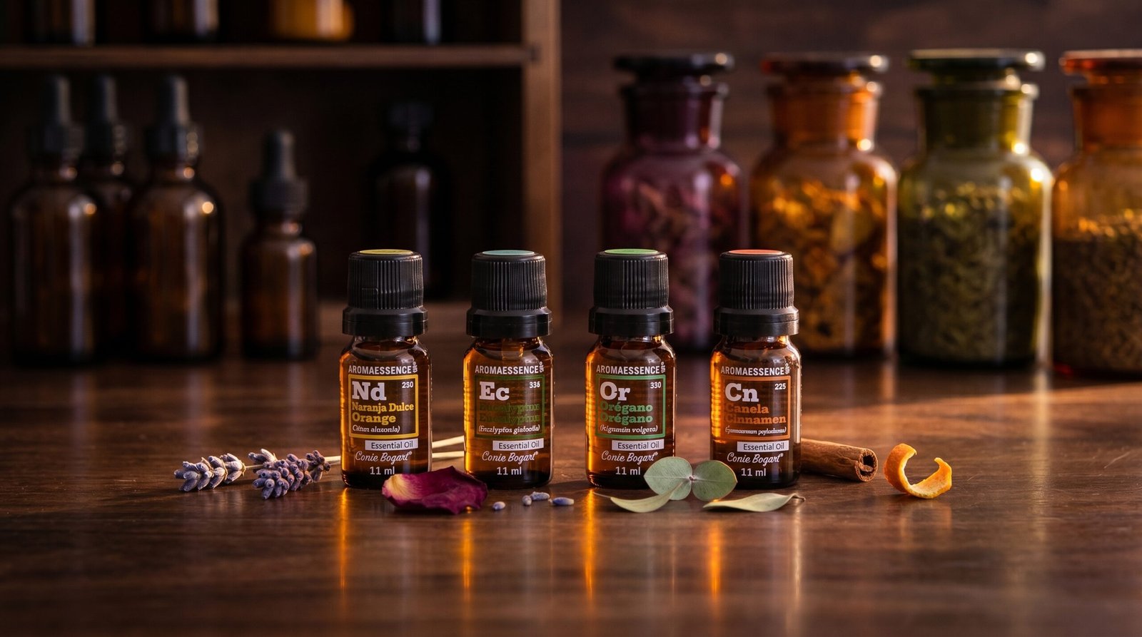Aceites Esenciales Conie Bogart Aromaessence — colección sobre madera oscura con luz cálida