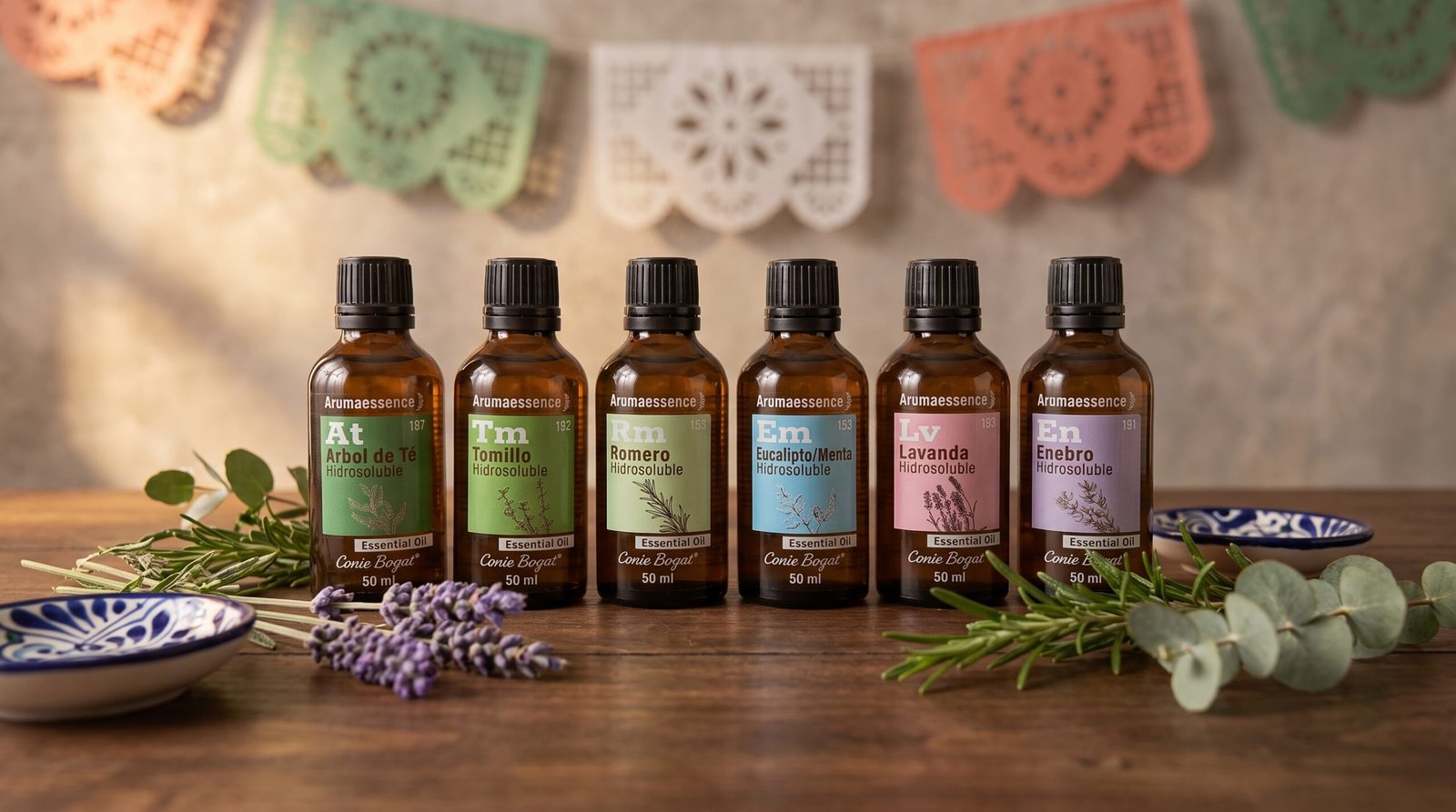 Promoción 3x2 de septiembre en aceites esenciales hidrosolubles Aromaessence de 50 ml: Árbol de Té, Tomillo, Romero, Eucalipto Menta, Lavanda y Enebro