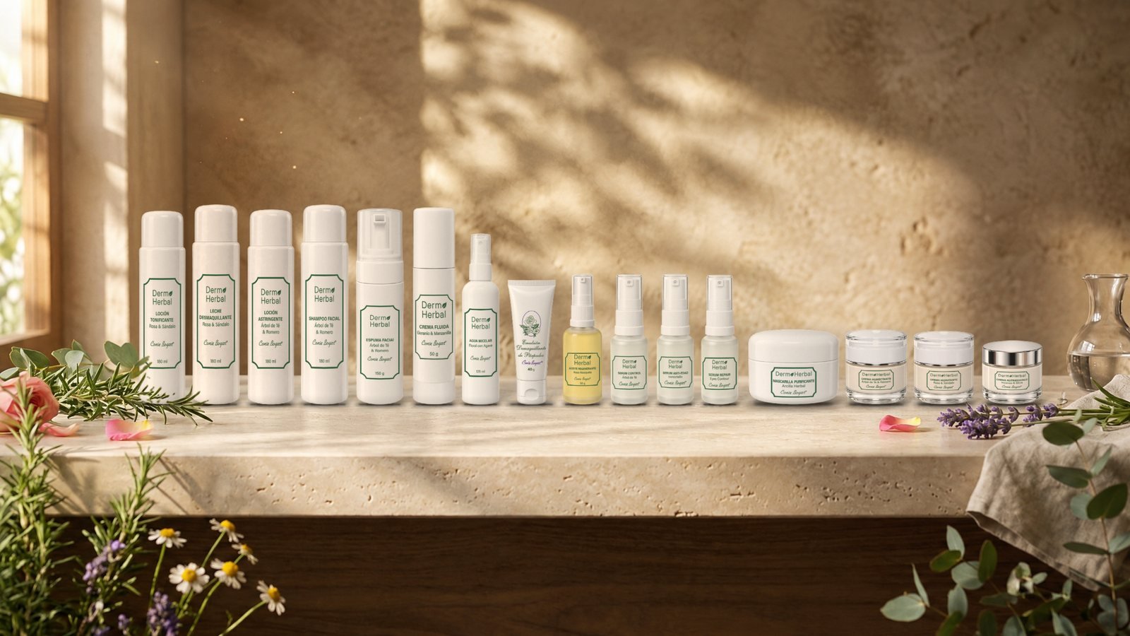 Los 16 productos de la línea Dermo Herbal Essential Skin Care de Conie Bogart: cuidado facial con extractos herbales y aceites esenciales para limpiar, equilibrar, humectar y nutrir la piel